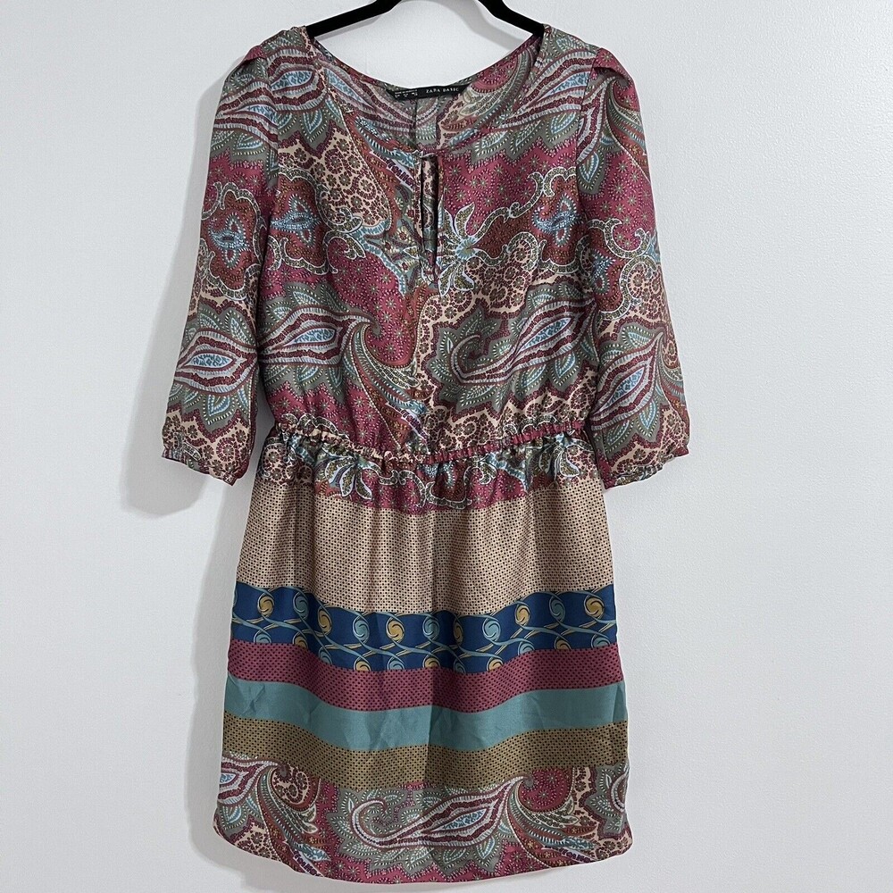 Zara Moroccan Red Fit and Flare Dress Size M Paisley Mix Media Print Elastic